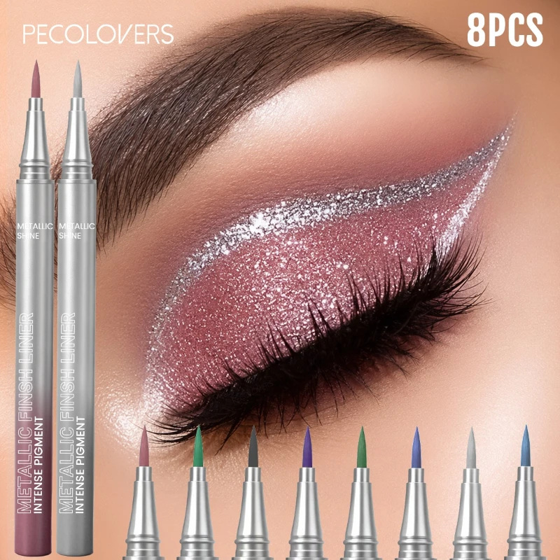 8PCS Multi Color Liquid Eyeliner Pen Set, Metallic Appearance, High Color Payoff, Long Wearing, Fine Tip Design, Rich Shades, Eye Makeup Pens, For Daily & Holiday Makeup