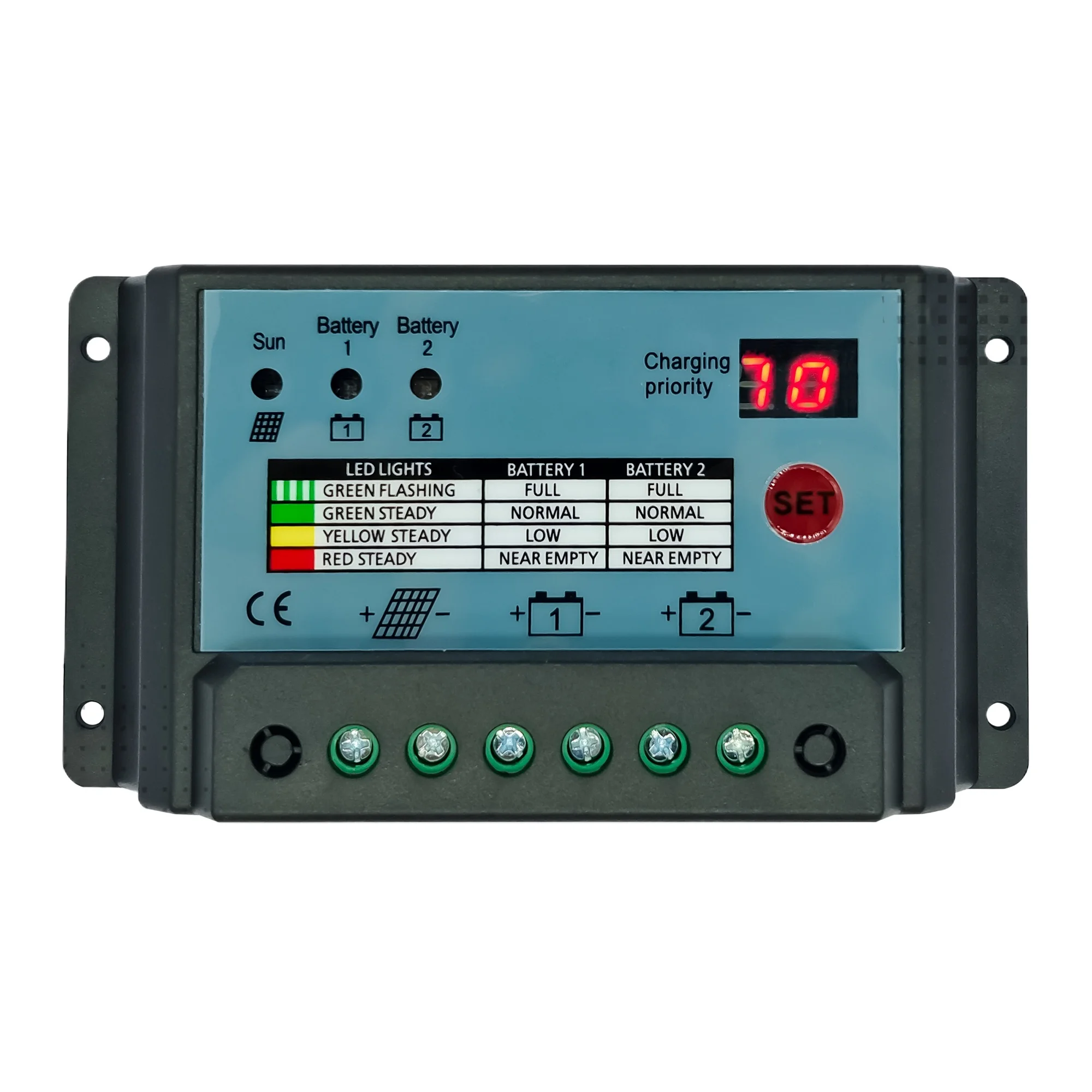 Dual-Battery Solar Controller - 10A/20A/30A PWM for 12V/24V Systems - Two Batteries Simultaneous Charge
