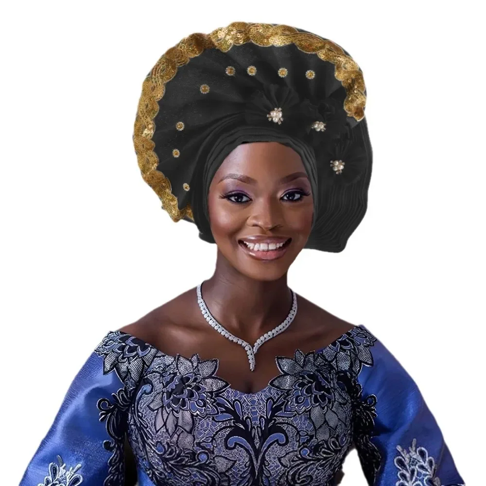 2024 elegante africano autogele feminino turbante boné casamento gele pronto para usar headtie com lantejoulas festa à noite headwear