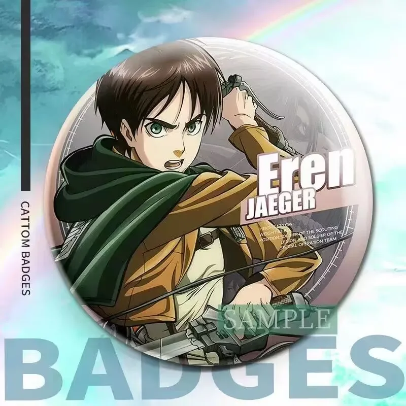 「進撃の巨人」アニメ「リヴァイ・エレン・ミカサ」周辺バッジ付きブリキレーザーブローチ