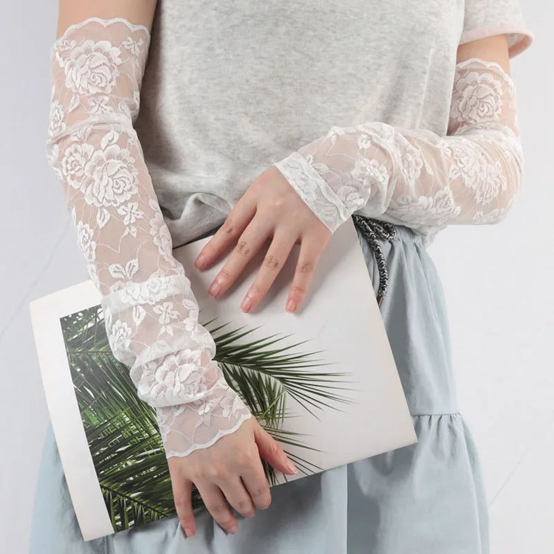 Summer Long Lace Flower Hollow-Out Fingerless Gloves Elastic Driving Cycling Accessories Mesh Thin Sleeves Finger Mittens