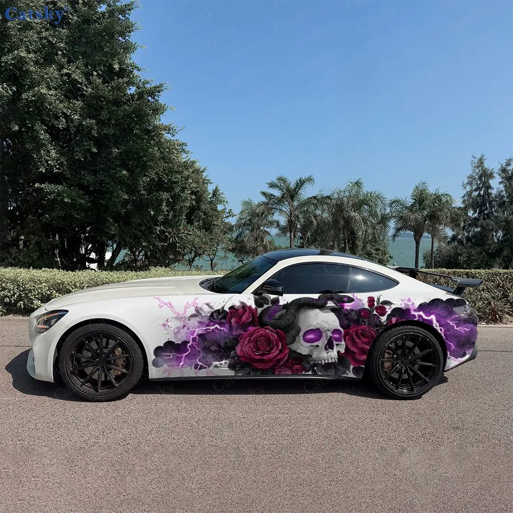 2pcs Purple Lightning Snake Skull Car Side Wraps, Self-Adhesive PVC Waterproof & Scratch-Resistant Stickers, Car Accessory Gift