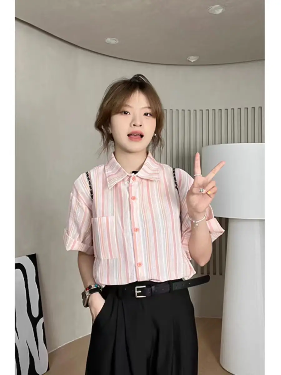 Age-reducing Versatile Striped Short-sleeved Shirt Korean Women's Casual Loose Lapel Top Trendy