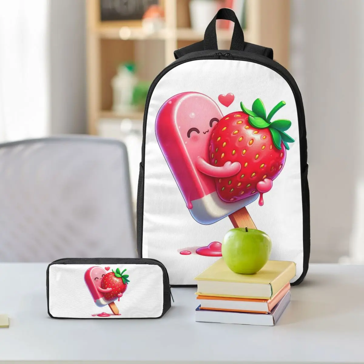 Strawberry Ice Cream Dessert Backpack Boys Girls BookBag School Bag Shoulder Bags 3ps Insulated Lunch Bag Pencil Case