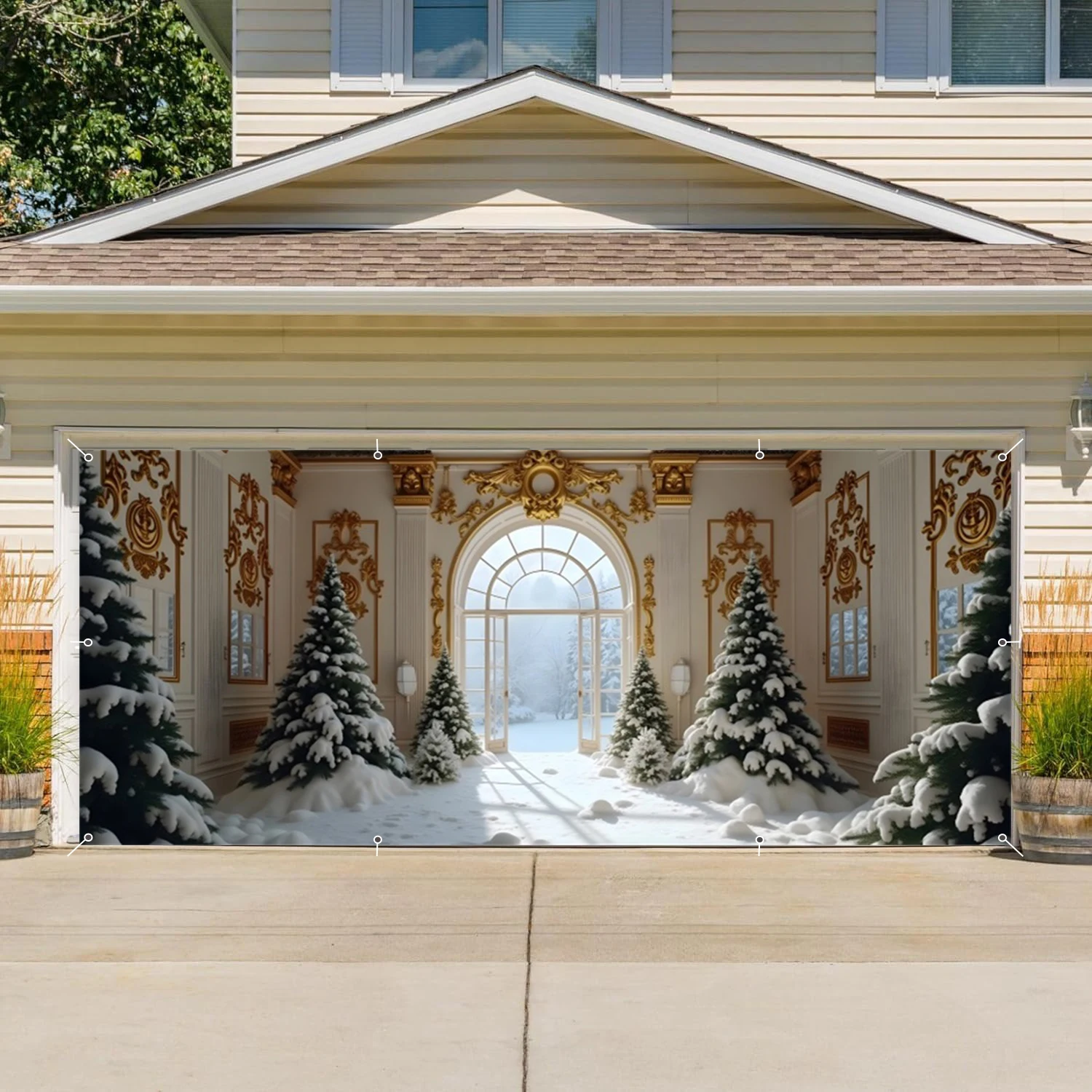 لافتة باب جراج عيد الميلاد من White Palace شجرة عيد الميلاد الشتوية غطاء جراج كبير لعيد الميلاد لمستلزمات حفلات الأعياد الداخلية والخارجية