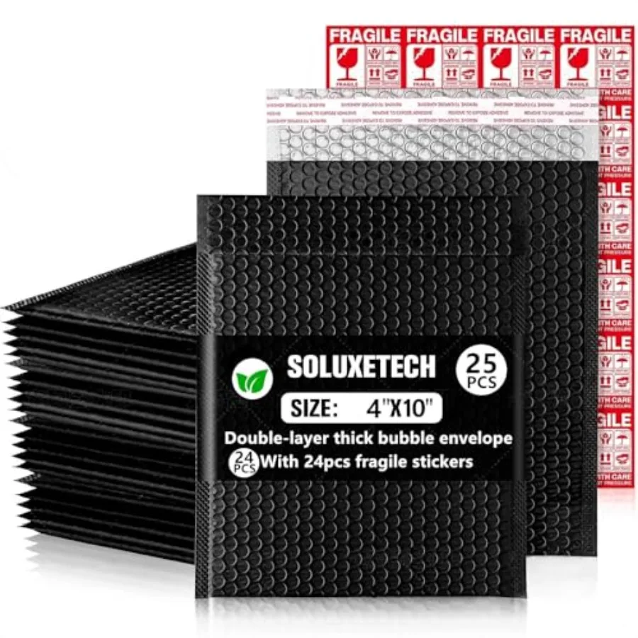 

Bubble Mailers 4x10" 25 Pack and 24Pcs Fragile Stickers Bright Black Thick Waterproof Padded Poly Envelopes Bubble Wrap Mailers