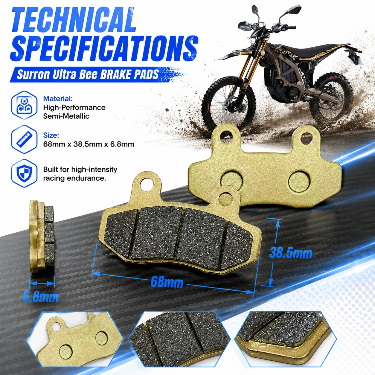 Ultra Bee Brake Pads Semi-Metallic 2 Pairs for Surron Ultra Bee Electric Dirt Bike Front Rear