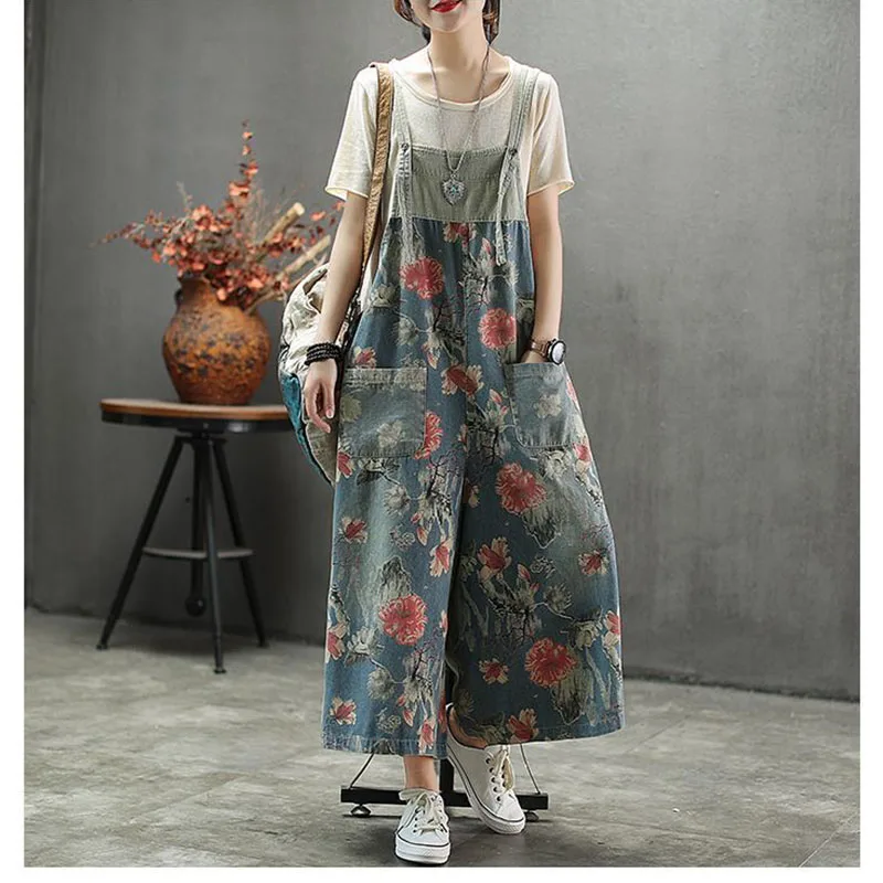 Women's Personalized Printed Denim Bib Women's Spring Summer Loose Slim Hanging Crotch Jumpsuit High Waist Casual Fashion Pants