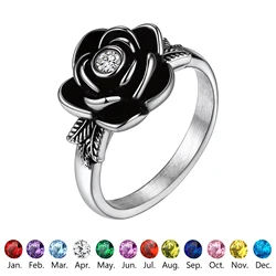 U7 Custom 3D Rose Urn Rings with Birthstones for Ashes of Love Ones Hair Waterproof Memorial Jewelry Gift for Her