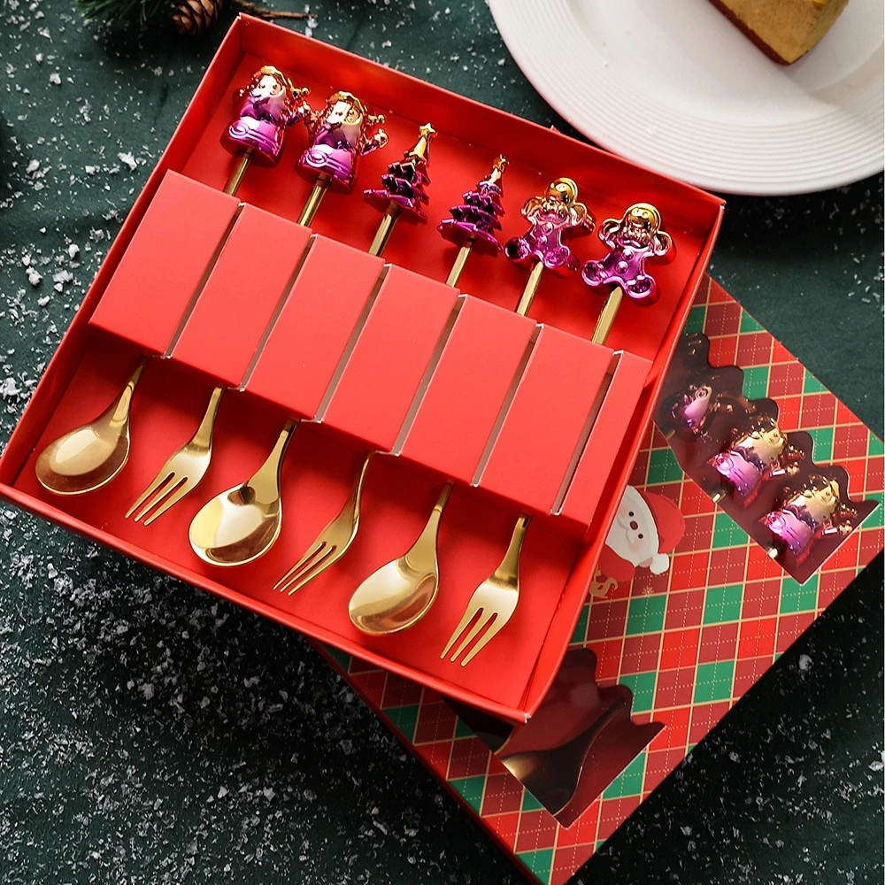 

4-6PCS New Colorful Christmas Spoon Fork Tableware Set Cartoon Fun Stainless Steel Dessert Fork Wedding New Year Color Box Gift