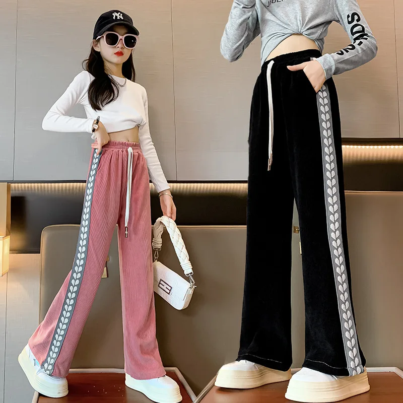 Teen Girls Pants 2023 Spring Autumn Children's Wide Leg Pants Kids Clothing Casual Loose Girls Chenille Trousers 6 8 10 12 14 Y