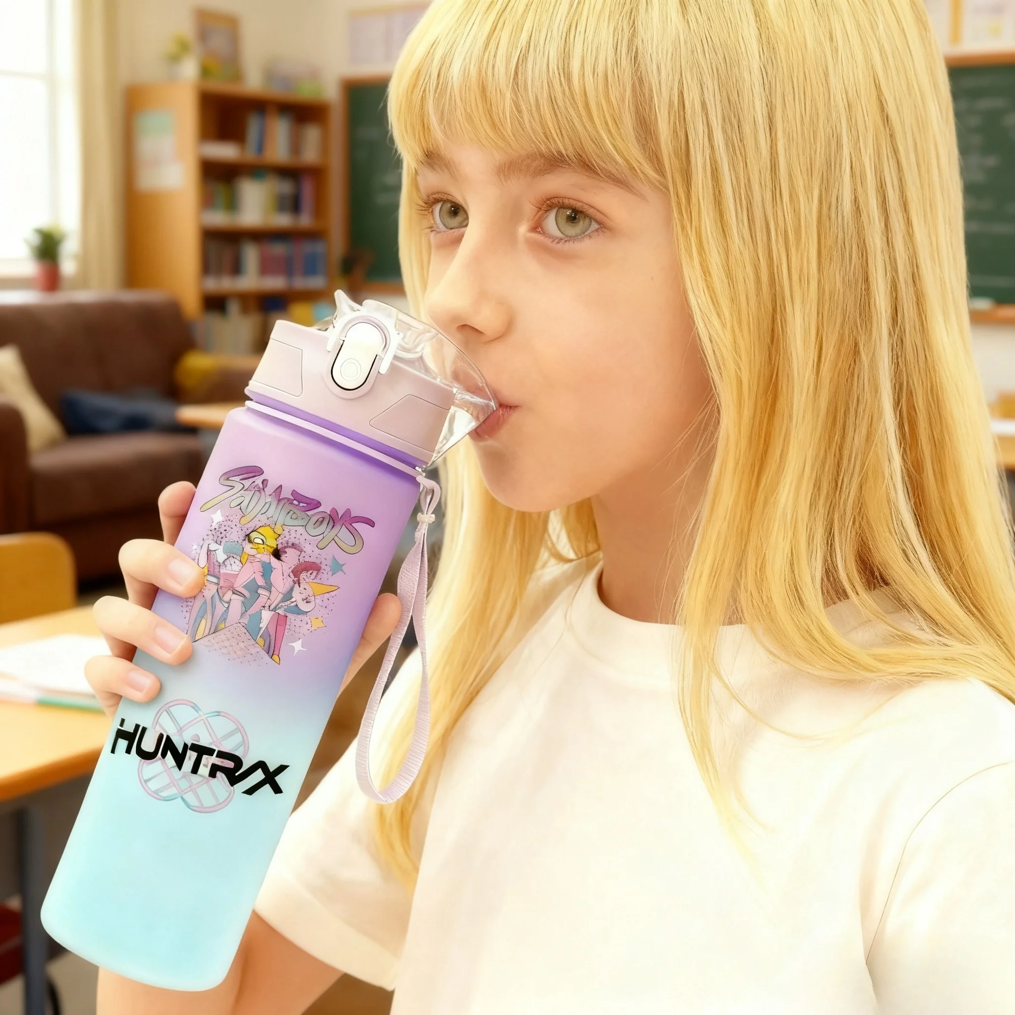 ขวดน้ำกีฬา KPop Demon Hunters 750 มล. ลายการ์ตูนน่ารักสำหรับเด็ก แก้วน้ำพลาสติกสำหรับเด็ก ลายอนิเมะ  ภาชนะใส่เครื่องดื่มเย็นแบบพกพา แก้วน้ำผลไม้