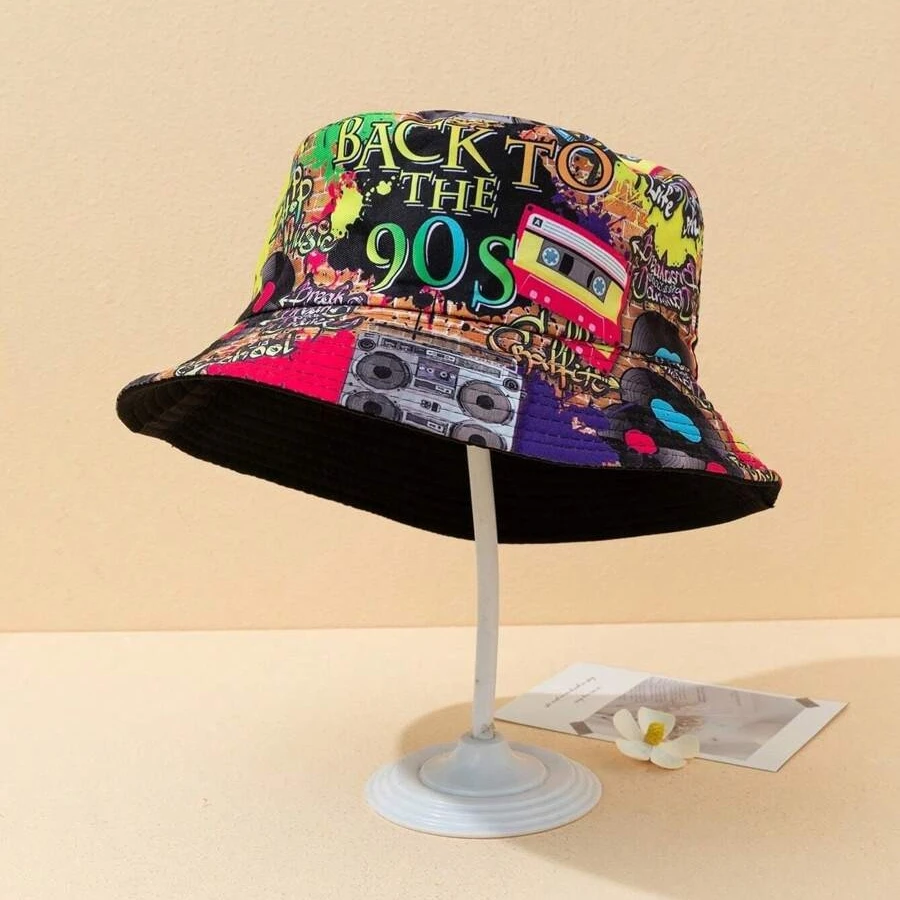 1pc Men's Colorful Graffiti Tape Pattern 90s Retro Reversible Bucket Hat, Suitable For Travel And Street Parties