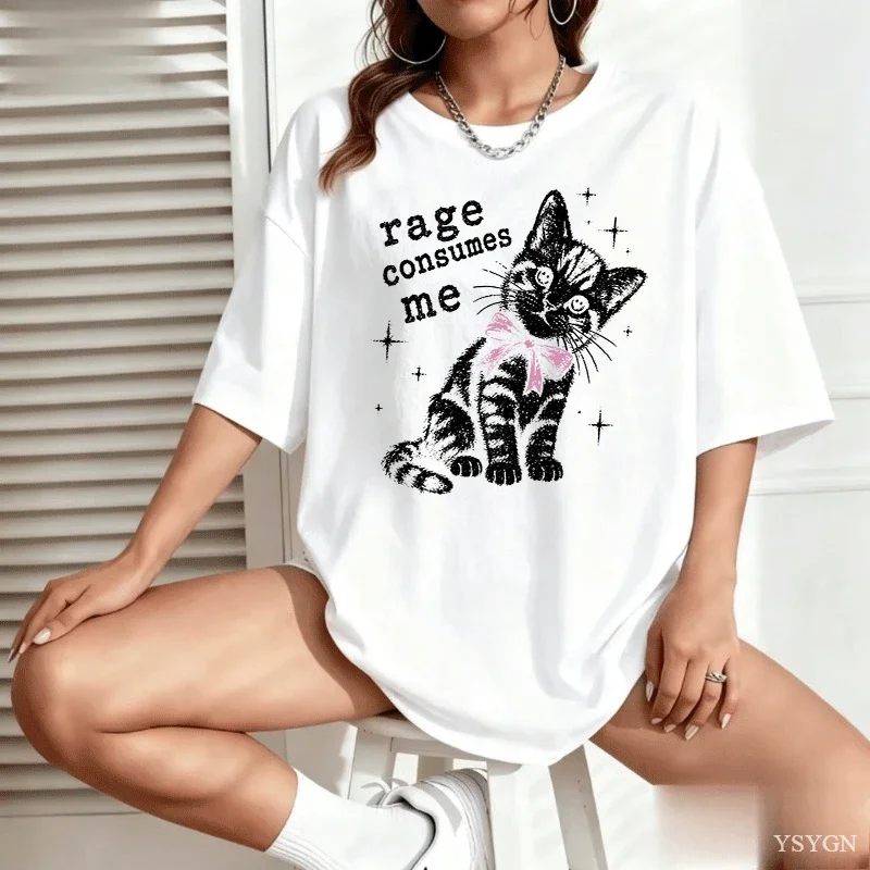 Rage Consumes Me Cat T-Shirt Funny Feminist Cat Tee Pink Bow Kitten T Shirt Goth Cat Graphic T Shirts Casual Round Neck