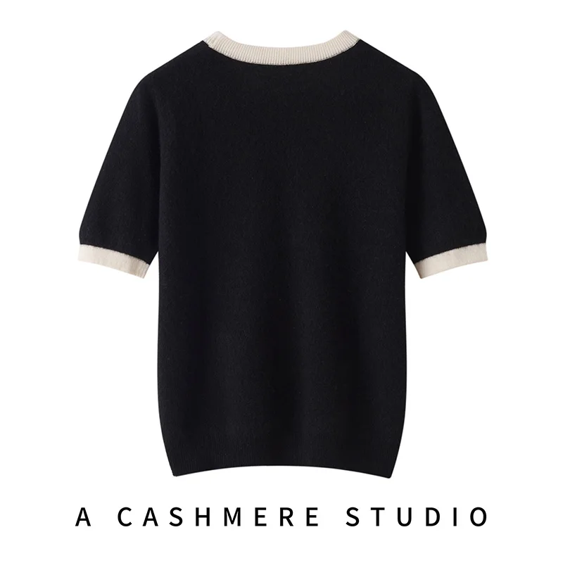 100% Cashmere Women's Round Neck Jacquard Short-sleeved Sweater 2025 New Cat Short-Sleeved Pullover Fashion Soft Knitted Women's - Detail 1