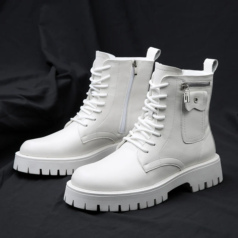 High Quality Men White Boots 2023 Fashion Zip Design Men\'s Leather Boot  Anti-slip Lace-up Man Platform Boots Botas Para Hombre