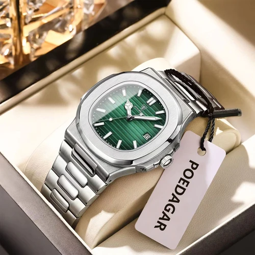 Imagen 1 del producto Reloj de pulsera POEDAGAR cuadrado a la moda para hombre, Reloj luminoso resistente al agua de acero inoxidable para hombre, relojes de negocios de cuarzo con fecha para hombre