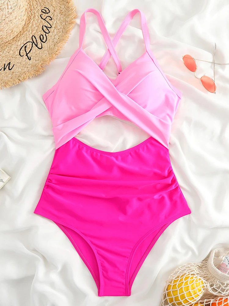 Swimwear One PIece Swimsuit Women 2023 New Sexy Hollow Out Pink Halter Monokini Bathing Suit Female Swimming Beach Wear Summer