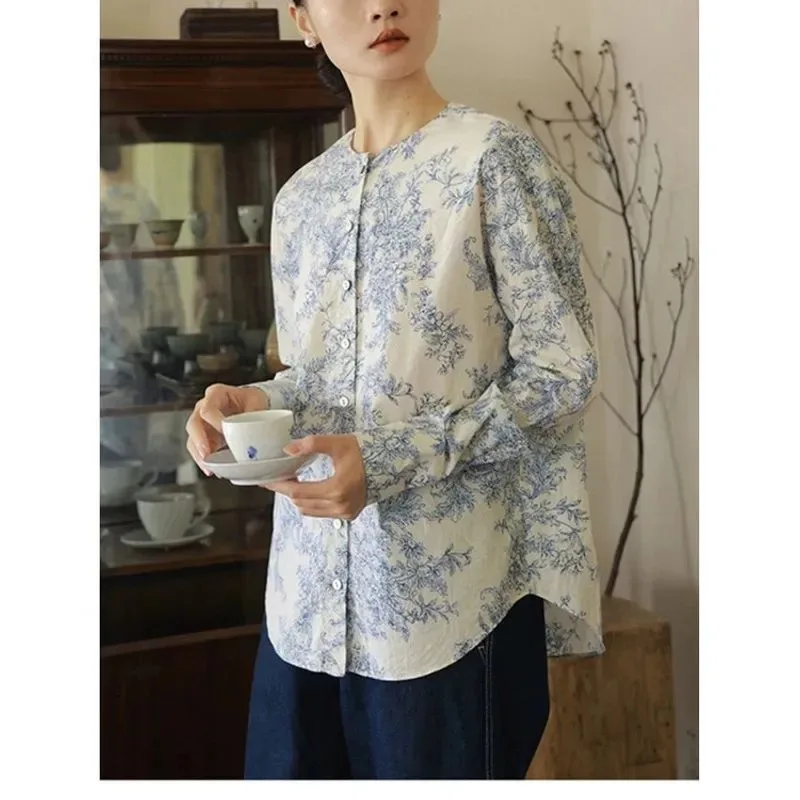 

Женская рубашка с длинным рукавом в стиле ретро с цветочным принтом, повседневная свободная блузка с круглым вырезом