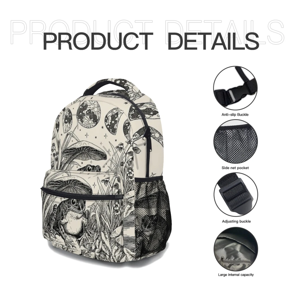 New Fashionable  Cottagecore Aesthetic Frog, Mushroom Moon Witchcraf Pattern School Bag  Print Backpack 17inch