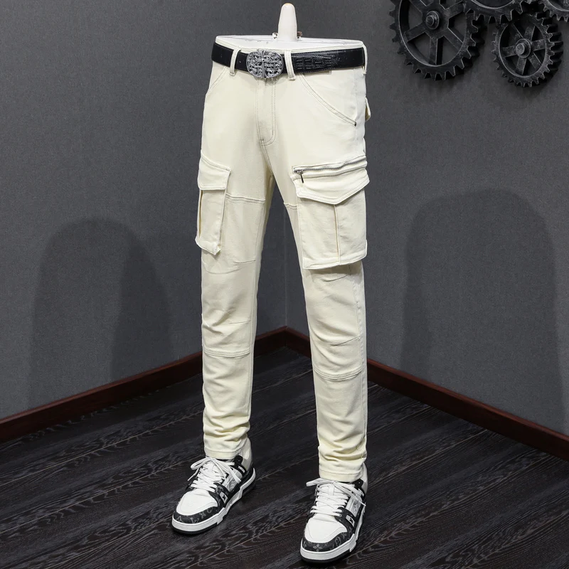 Street Fashion Men Jeans Beige White Stretch Slim Fit Spliced Designer Biker Jeans Men Big Pocket Hip Hop Denim Cargo Pants