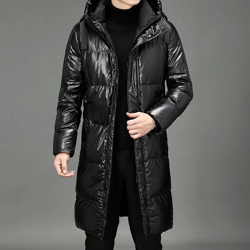 Men Winter Down Jacket Long Parka Coat White Duck Down Coat Men Outwear Fashion Glossy Jacket Hooded Thick Warm Overcoat