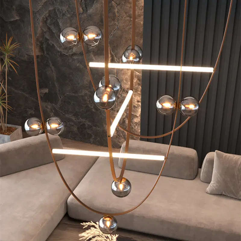 Light luxury living room chandelier designer belt dining room light villa loft duplex staircase hollow height art chandelier