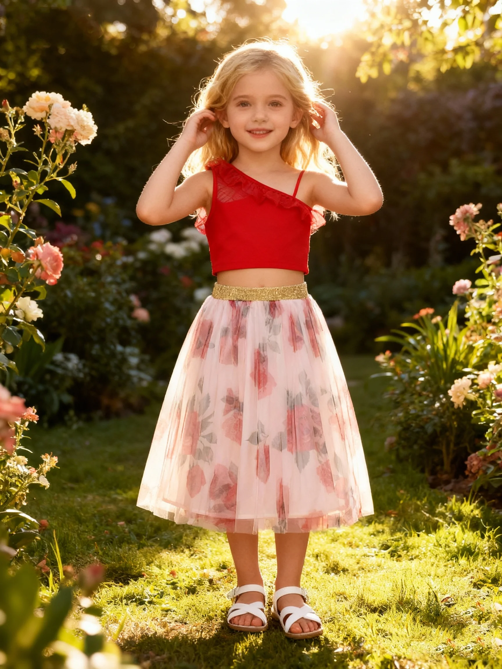 Zweiteiliges Sommer-Tanktop für Mädchen, Spitze, Patchwork, schräge Schulter, bedruckter Netzrock, süßes und süßes Freizeit-Set