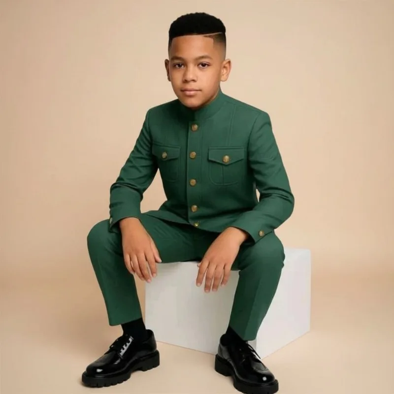 Safari Kids Wedding Suit Set 2 Pieces Formal Tuxedo with Stand Collar Birthday Party Outfit Texture Kids Set Jacket with Pants