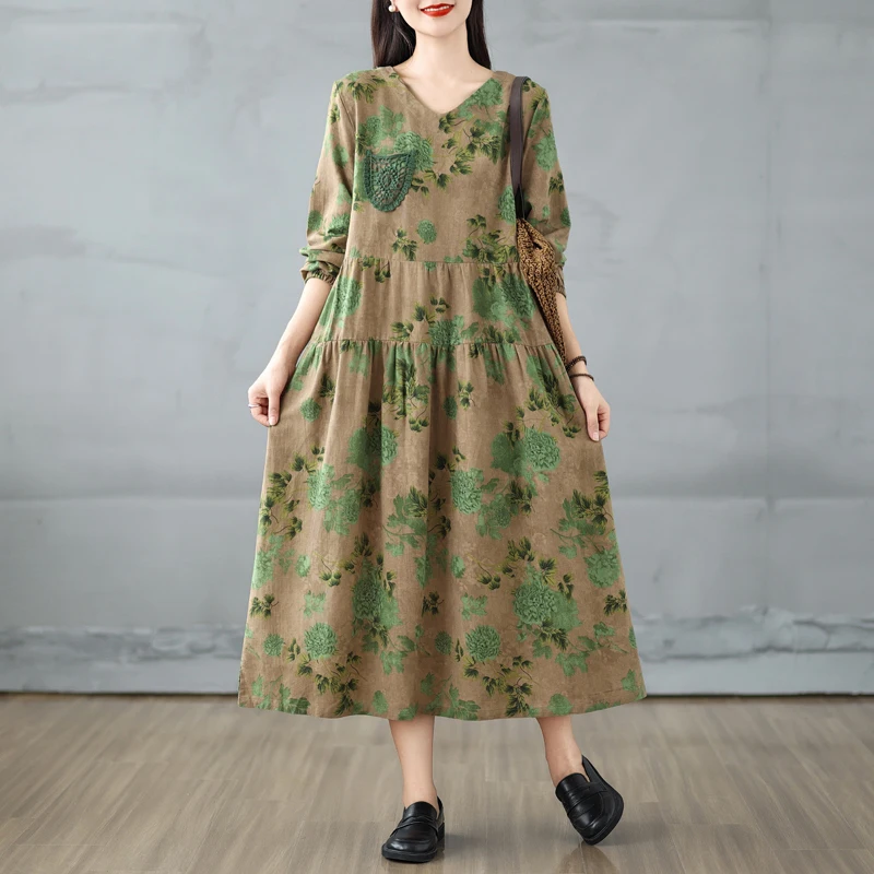 Cintura alta V-Ne Lanterna Sve Dr com Lace kets Algodão Linho Estampado A-Line Long Dr Efeito de Emagrecimento para plus size W...