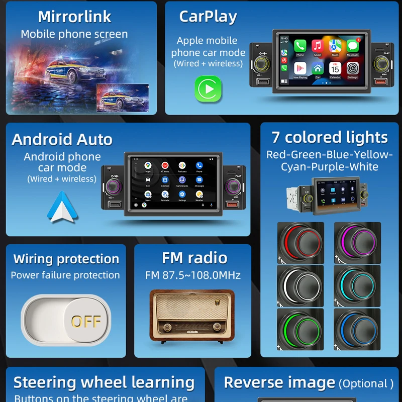 Car Radio 1 Din Wireless CarPlay 5