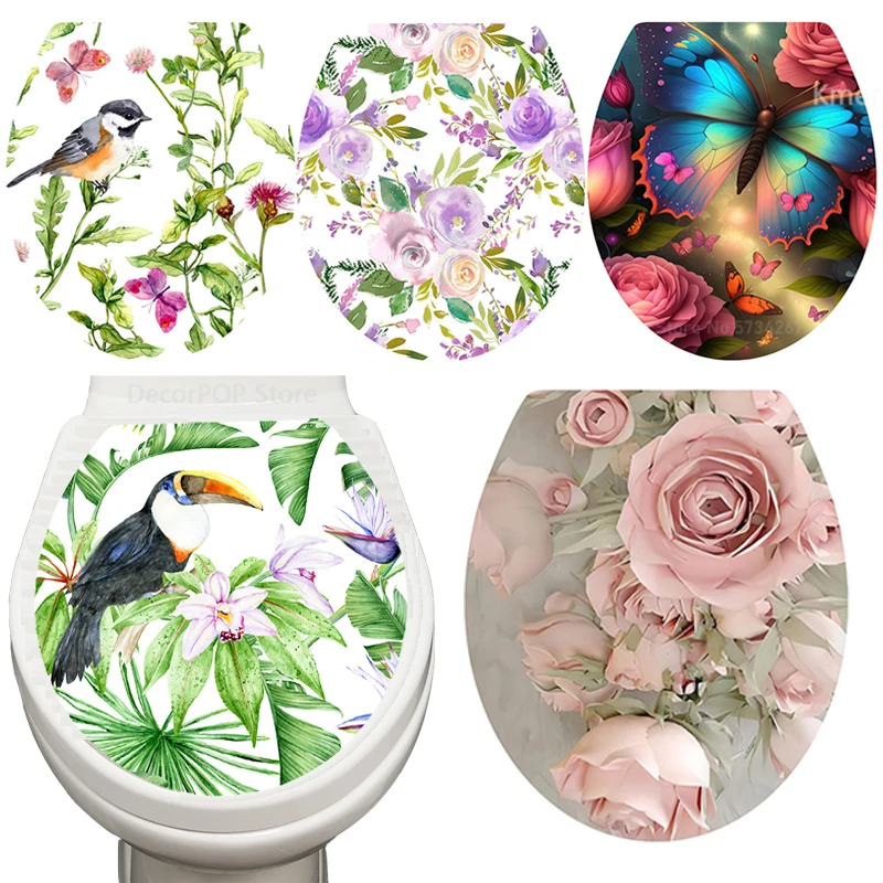 Tropical Green Plants Bird Flower Toilet Cover Stickers Printed Floral Butterfly Pattern WC Bathroom Decor Home Decoration Decal