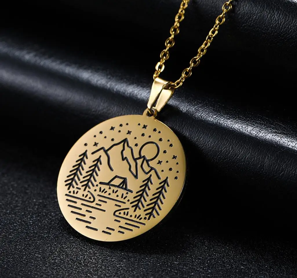 1PC Stainless steel Pine Tree charm with river Under the Mountain Sunset Stars Necklace Camping Jewelry Outdoor Gifts F1565