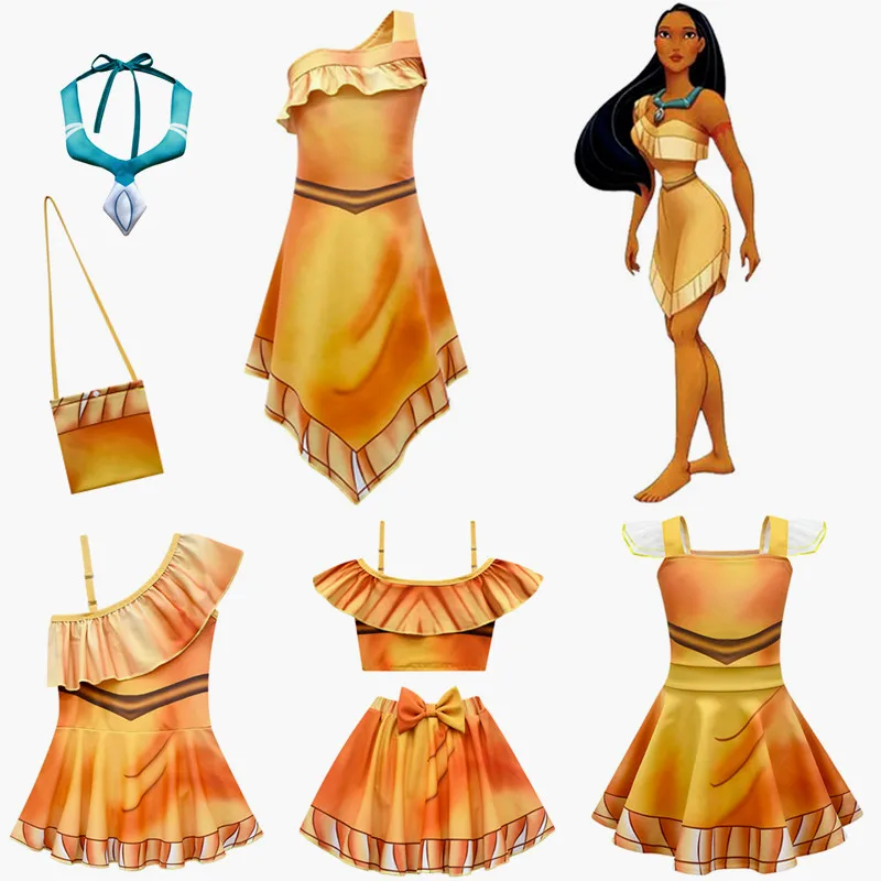 Girls Pocahonta Charm Dresses Carnival Halloween Children Princess Pocahontas Dress Necklace Birthday Party Costume Prom Gowns