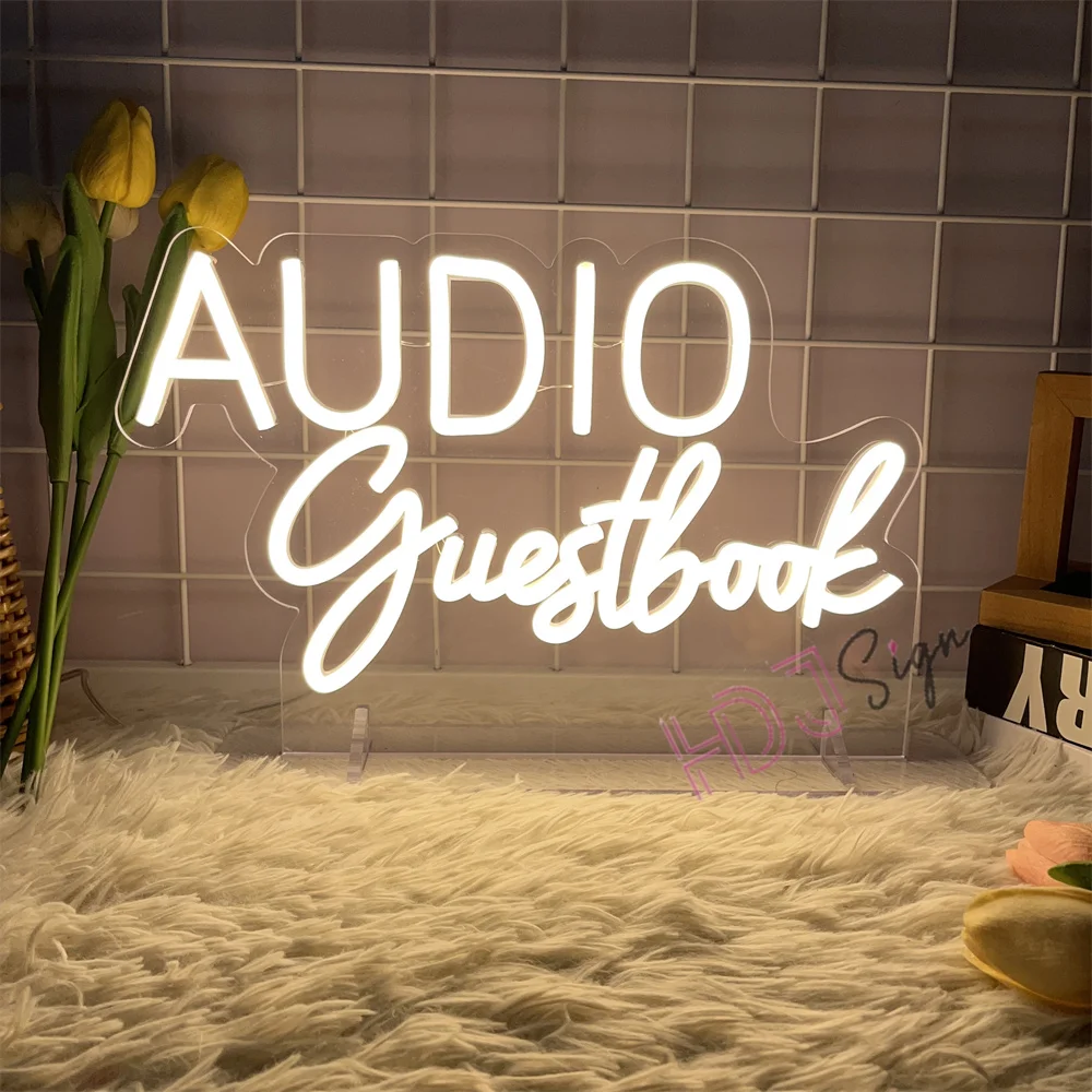VIDEO Guestbook Audio Neon Sign Wedding Leave A Message LED Neon Signs Wall Decoration Wedding Table Light Sign Neon Bedroom USB view 2
