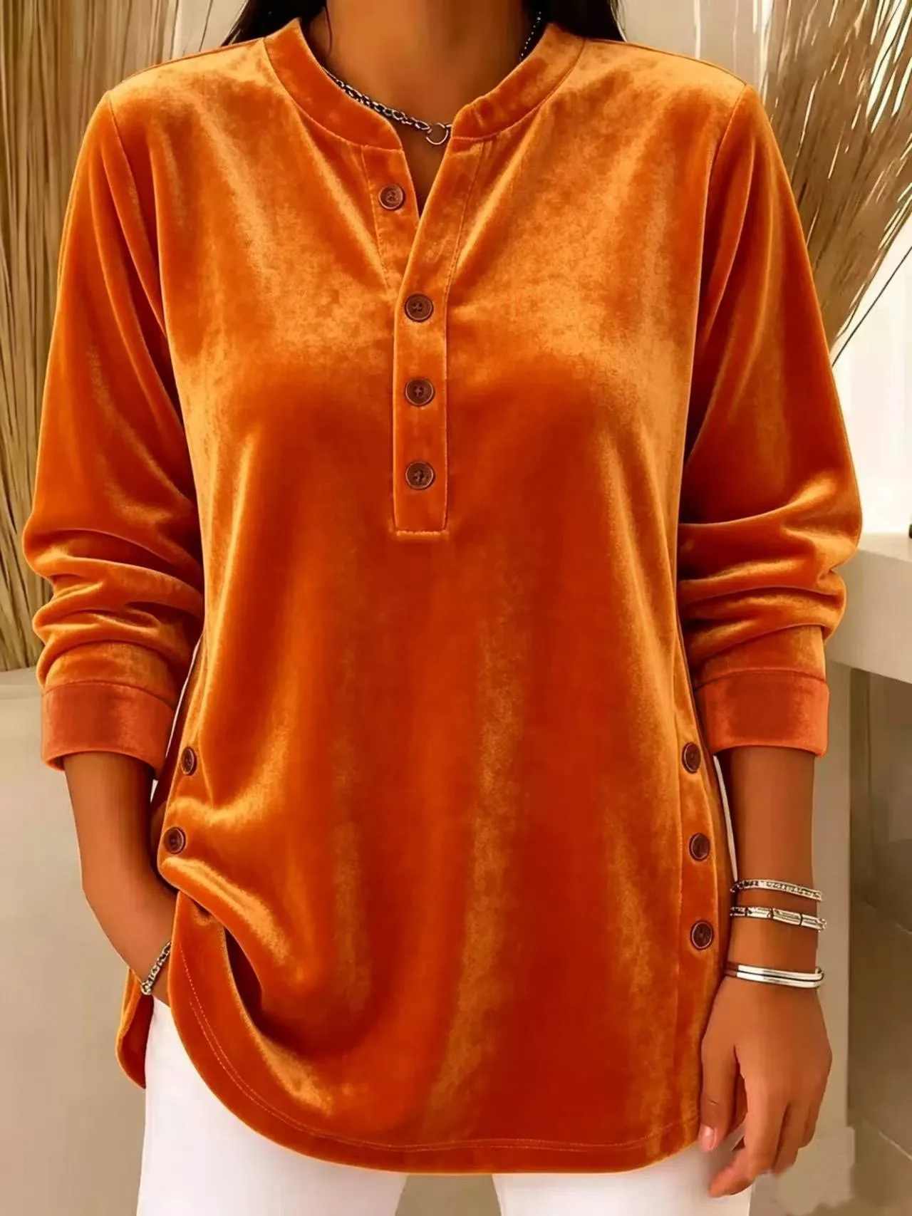 Women's Shirt 2026 Fall/Winter New Top, Velvet Casual Loose V-Neck Button Long Sleeve, Daily Workwear, Retro Style