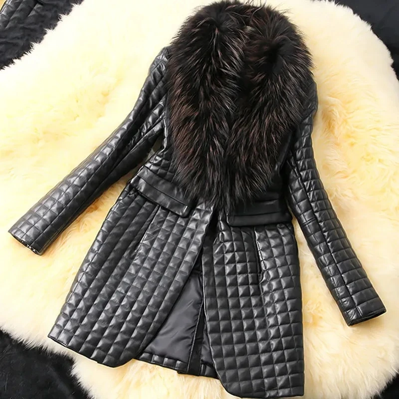 2024 Winter Women Thick Long Leather Jacket with Fur Collar Slim Solid Office Ladies Coat Outerwear Jaqueta de couro feminina