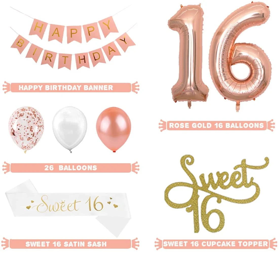 Dekorationen zum 16. Geburtstag für Mädchen, süßer 16-Kuchenaufsatz und Satinschärpe, 16-Konfetti-Luftballons in Roségold und Geburtstagsbanner – Detail 4