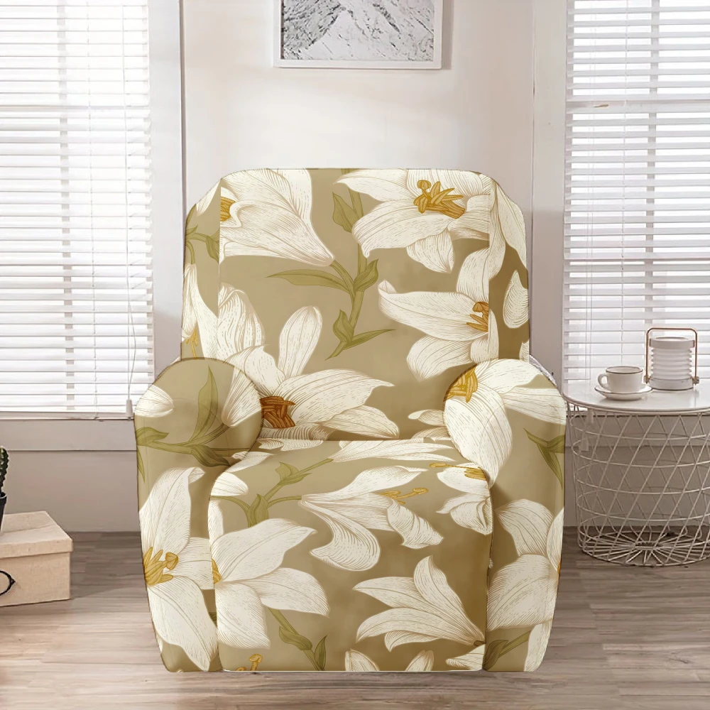 Recliner Slipcover,White Lily Floral Print Stretch Recliner Sofa Cover, Stretch Soft Furniture Protector Slipcover