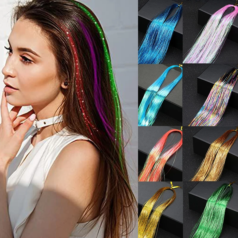 

Long Sparkle Hair Tinsel Rainbow Shiny Silk Hair Strands Extensions Dazzles Women Hippie for Braiding Headdress Glitter Strips