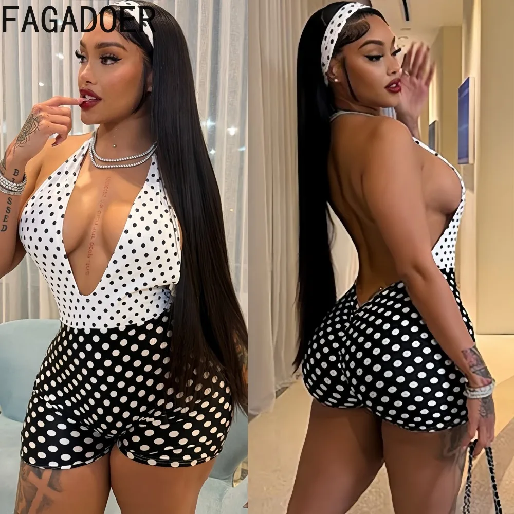 

FAGADOER Sexy Polka Dot Print Bodycon Rompers for Woman Deep V-neck Sleeveless Backless Jumpsuits Female Streetwear Overalls New