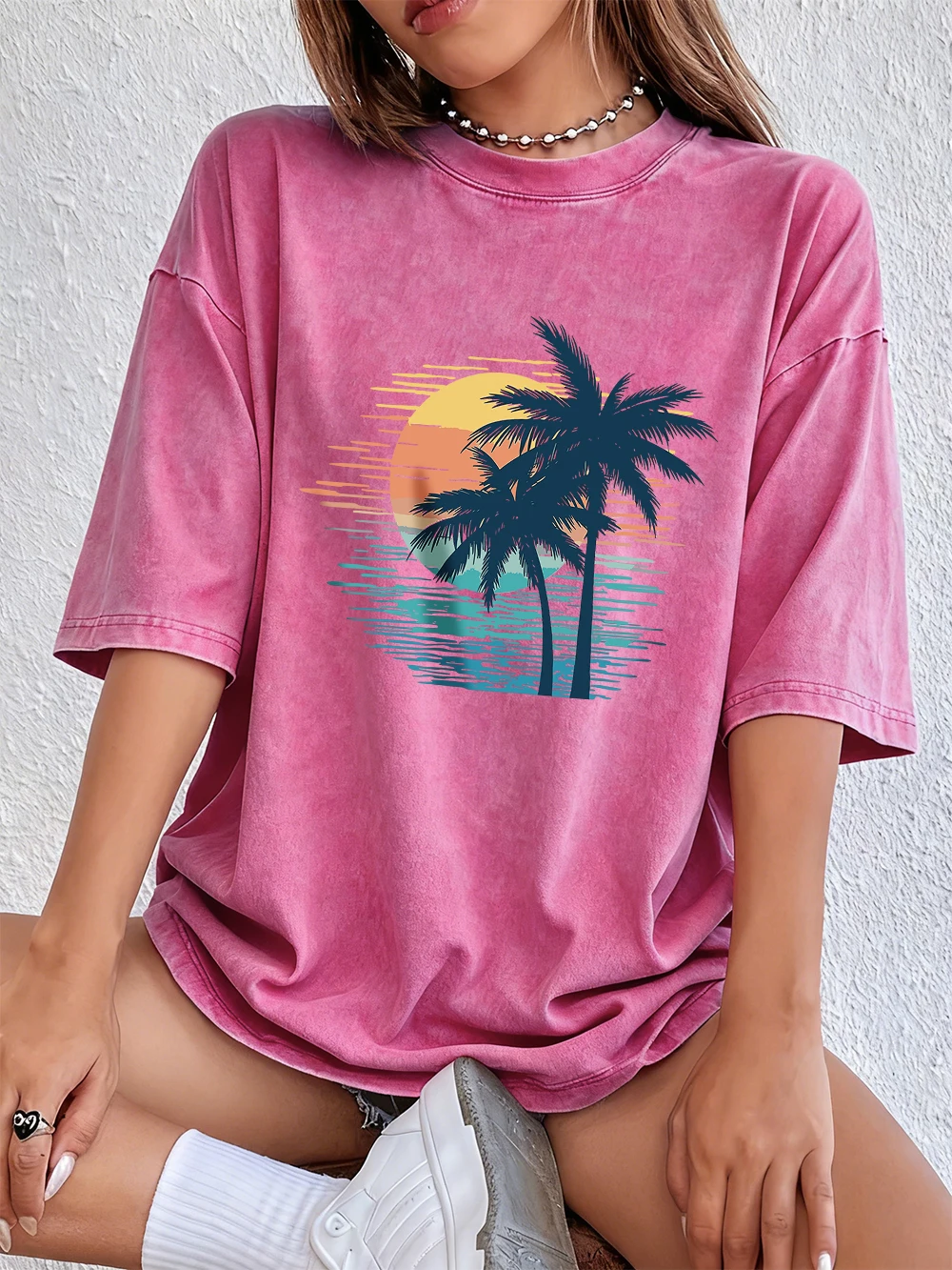 Sonnenuntergang Kokospalmen-Szene Baumwoll-Washed-T-Shirts für Damen – Sommerliche Basic Oversized Oberteile, bequem, weich, Distressed, O-Neck Streetwear – Detail 10