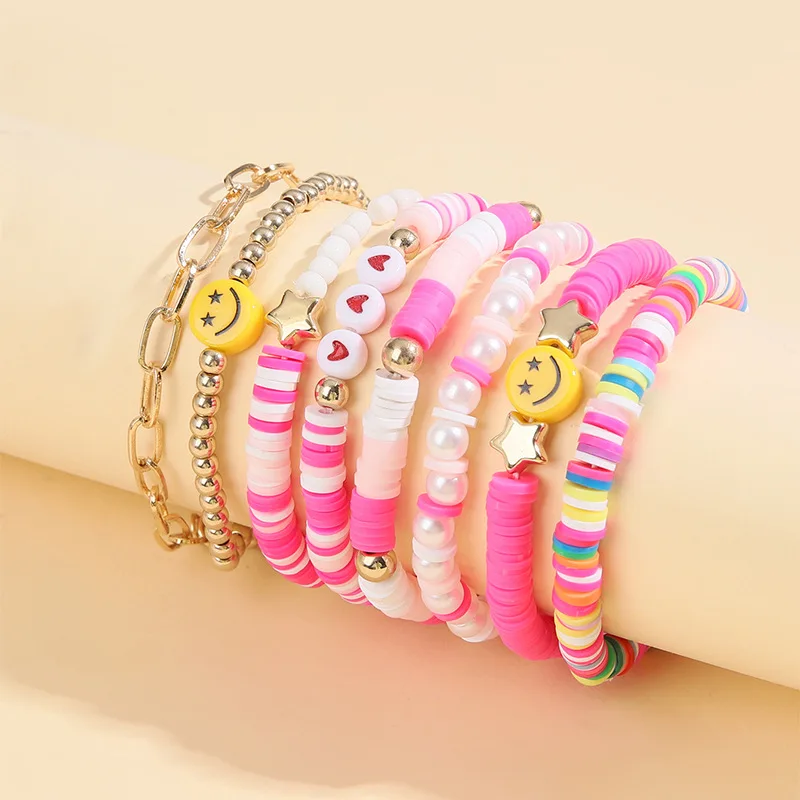 Korean Style Fashion New Multi-Layer Filament Polymer Clay Love Smiling Face Bracelet Suit Retro Handmade Pearl Bracelet Women