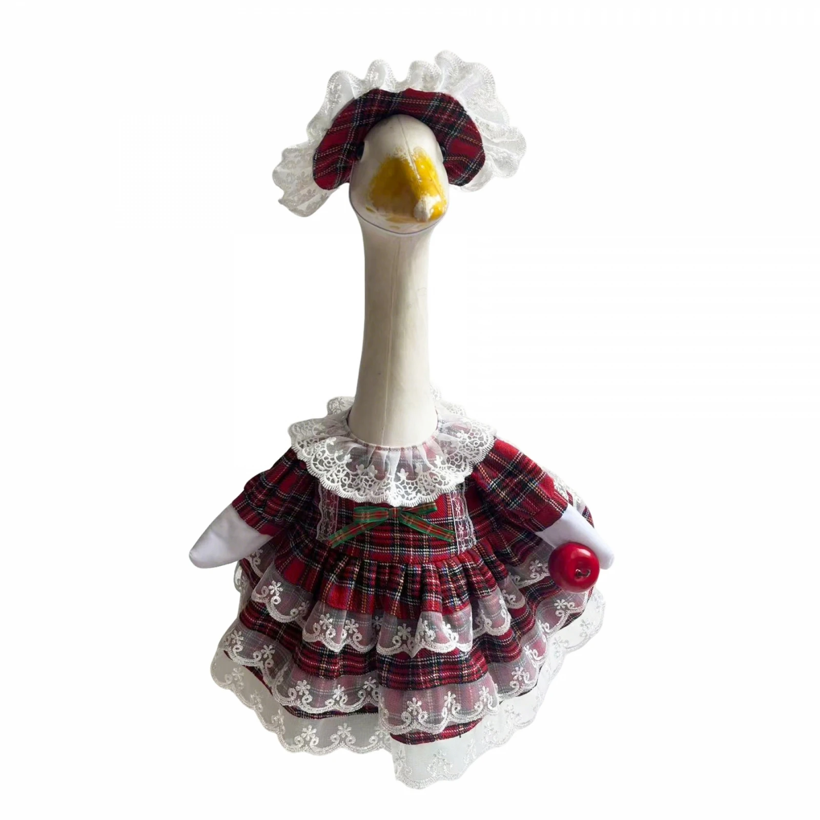 2027 New Christmas Goose Outfit for 23 Porch Goose Statue Plaid Print Lace Trim Dress with Attached Apple and Matching Hat Set