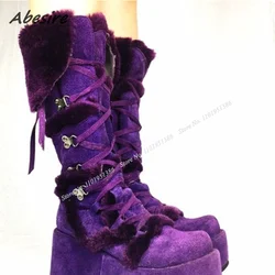 Abesire Purple Fur Decor Platform Boots Lace up Wedges Heel Round Toe Shoes for Women Chunky High Heel New Zapatillas Mujer