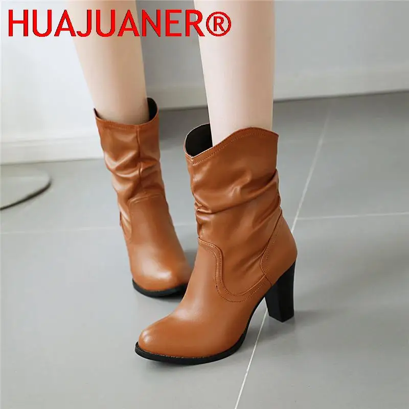 Vintage Mid-calf Boots For Women Shoes Block Heeled Short Boots Casual Women's Autumn Winter Boots Brown Gray Black Large size image 5
