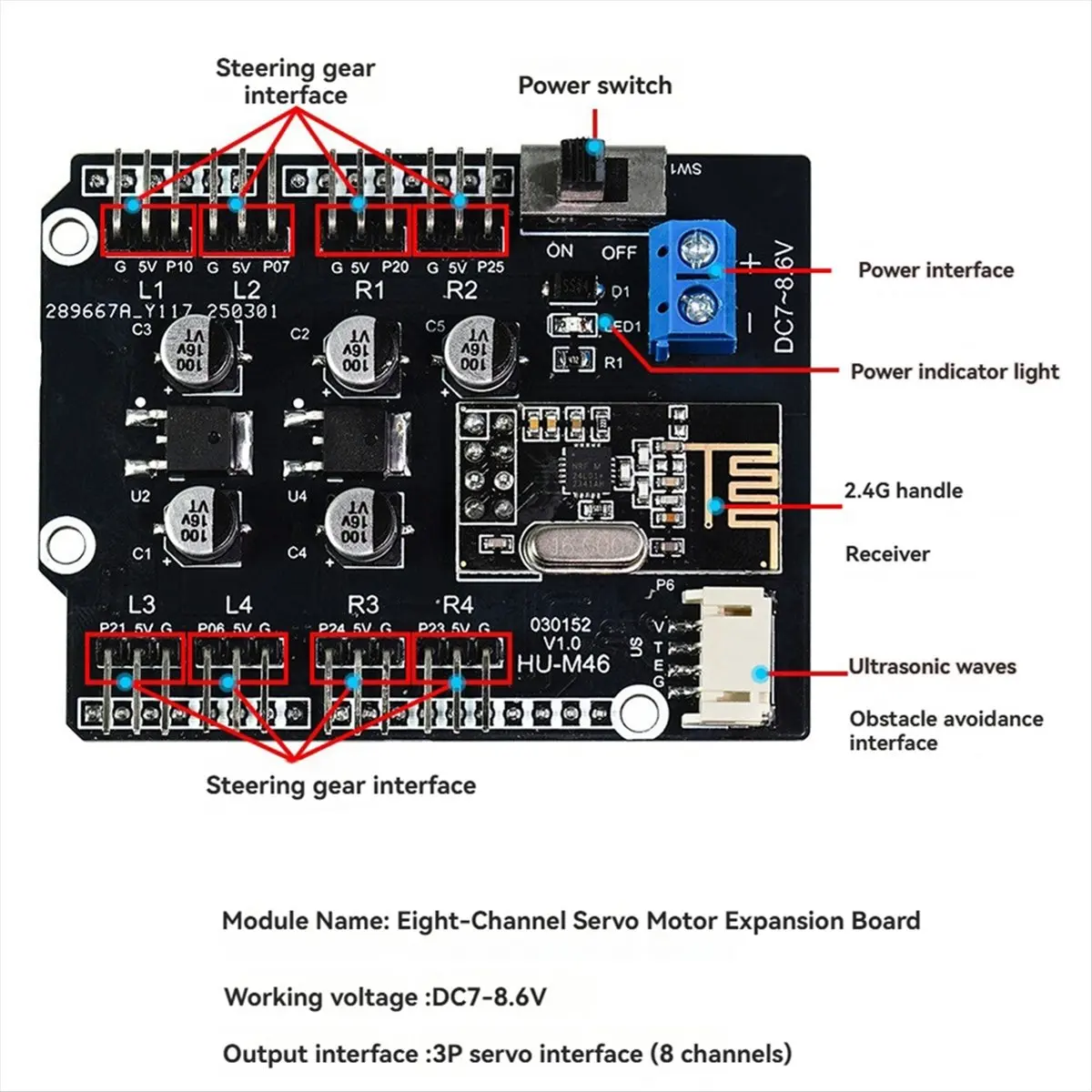 DT77 8 Way PWM Servo Drive Expansion Board Robot Arm Control Onboard 2.4G Receiver Servo Expansion Board
