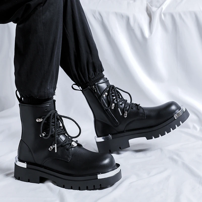Men\'s Zipper Boots Luxury Brand Genuine Leather Casual Winter High Top Thick Bottom Men Italian Designer Punk Motorcycle Boots