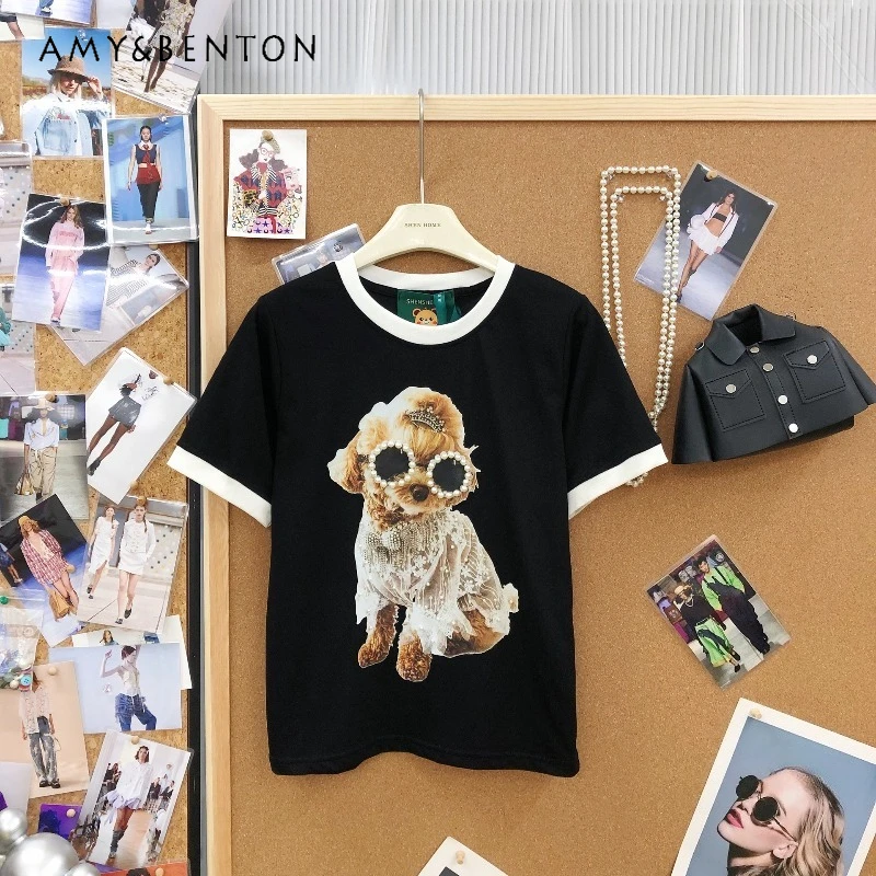 

Japanese Age Reducing Cute cartoon Dog Beaded Print Black Slimming Loose Short Sleeves T Shirt Casual Versatile Daily Top Female