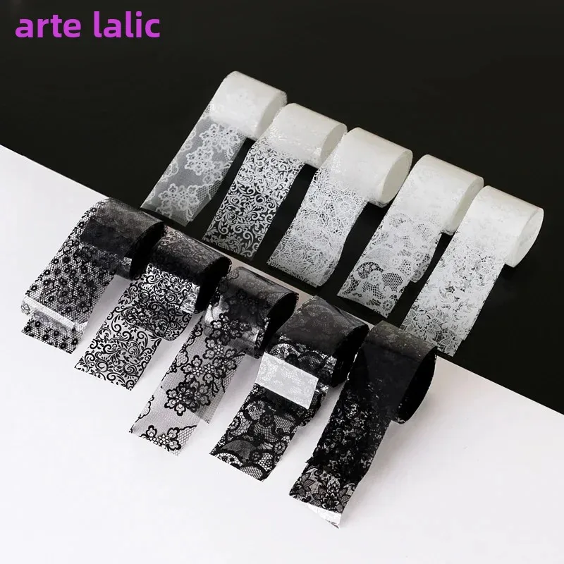 10 rollos de lámina de transferencia de encaje blanco y negro, 2,5x60cm, envolturas completas sexis para decoración de uñas, pegamento adhesivo de flores, herramientas de estilismo para manicura DIY